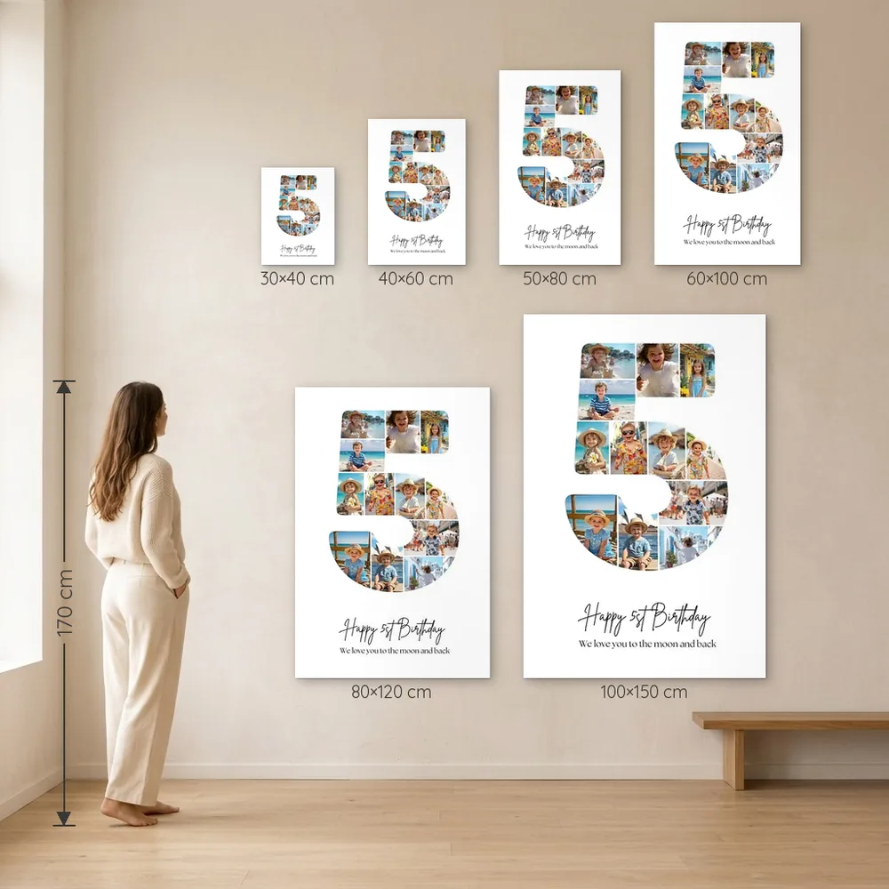 Tablou Personalizat Colaj Aniversare 5 ani – dimensiuni disponibile (30×40, 40×60, 50×80, 60×100, 80×120, 100×150 cm) pe perete, la scară reală lângă o persoană de 1,70 m