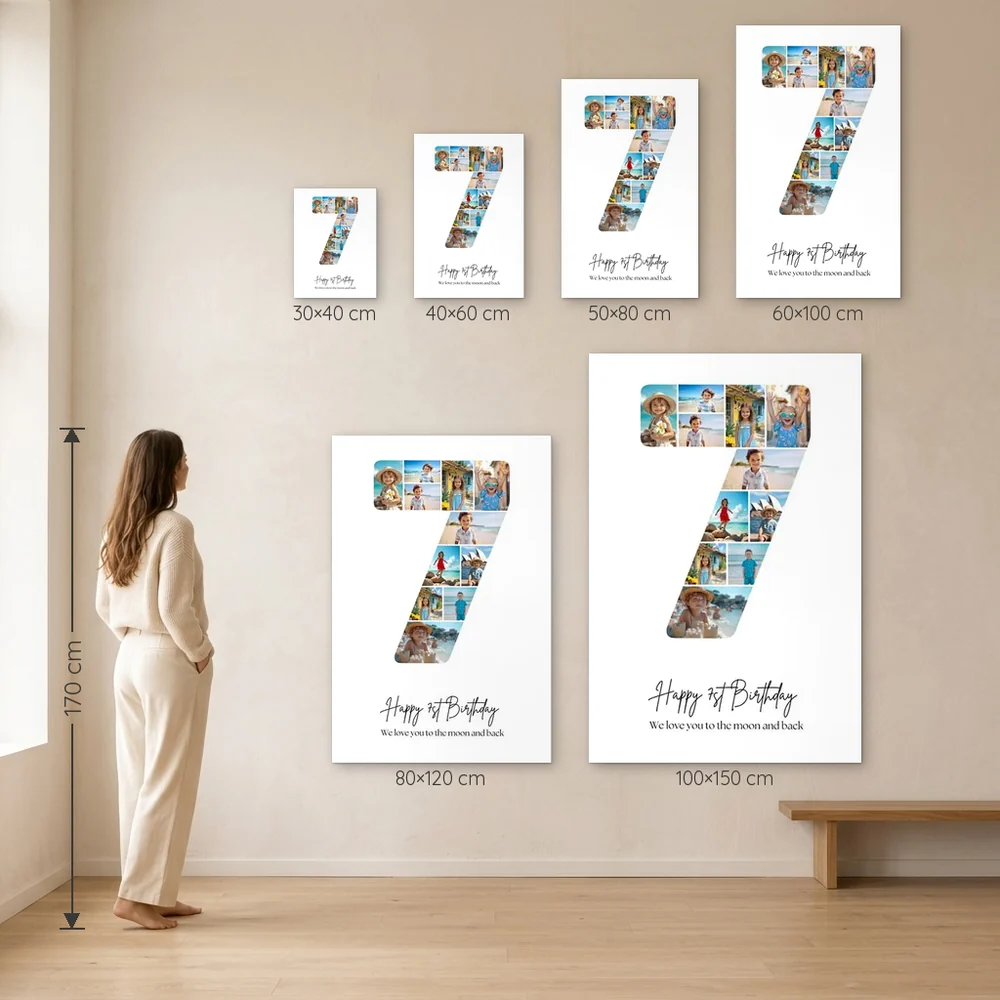 Tablou Personalizat Colaj Aniversare 7 ani – dimensiuni disponibile (30×40, 40×60, 50×80, 60×100, 80×120, 100×150 cm) pe perete, la scară reală lângă o persoană de 1,70 m