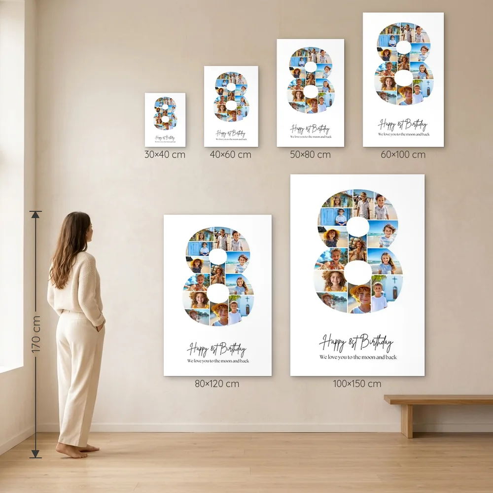 Tablou Personalizat Colaj Aniversare 8 ani – dimensiuni disponibile (30×40, 40×60, 50×80, 60×100, 80×120, 100×150 cm) pe perete, la scară reală lângă o persoană de 1,70 m