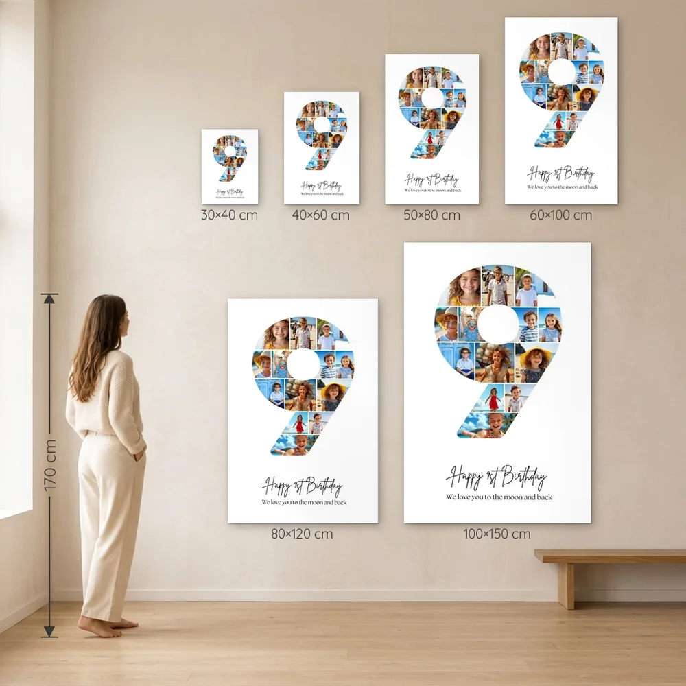 Tablou Personalizat Colaj Aniversare 9 ani – dimensiuni disponibile (30×40, 40×60, 50×80, 60×100, 80×120, 100×150 cm) pe perete, la scară reală lângă o persoană de 1,70 m
