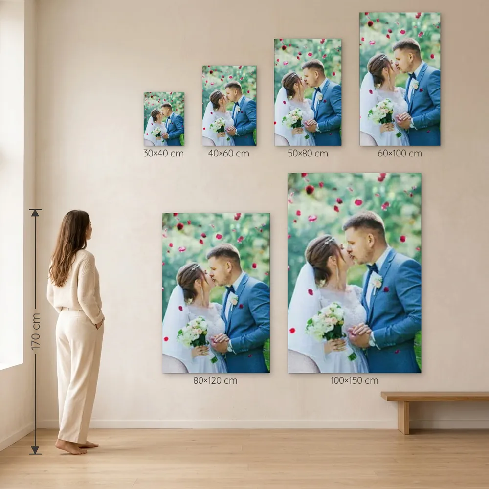Tablou Personalizat cu Poza și text – dimensiuni disponibile (30×40, 40×60, 50×80, 60×100, 80×120, 100×150 cm) pe perete, la scară reală lângă o persoană de 1,70 m