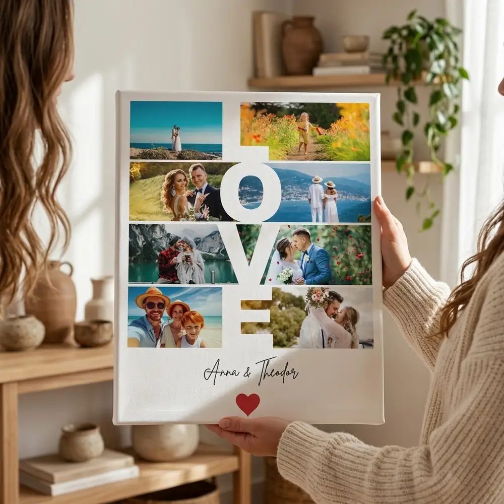 Tablou Personalizat Cuplu Colaj LOVE 8 Poze si Mesaj – tablou canvas în decor