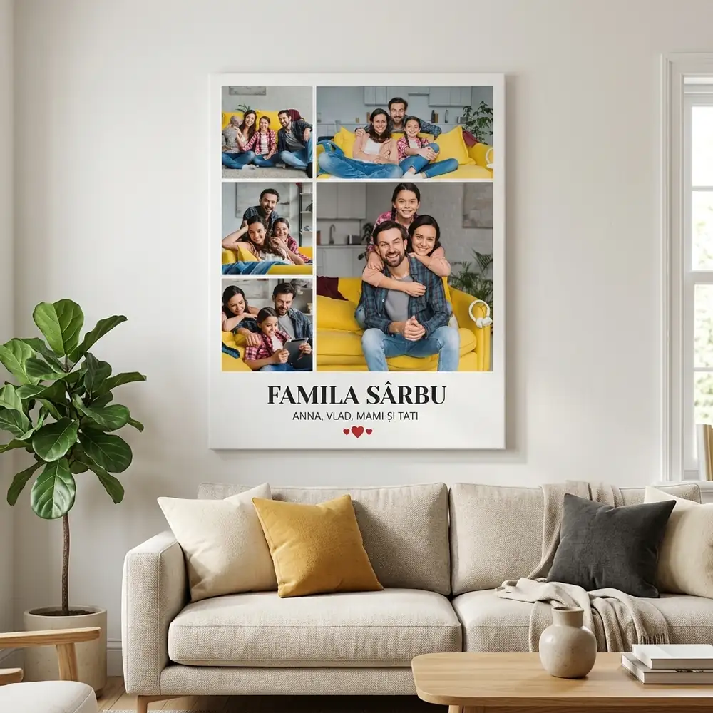 Tablou Personalizat Familia cu 5 poze și mesaj – tablou canvas în decor