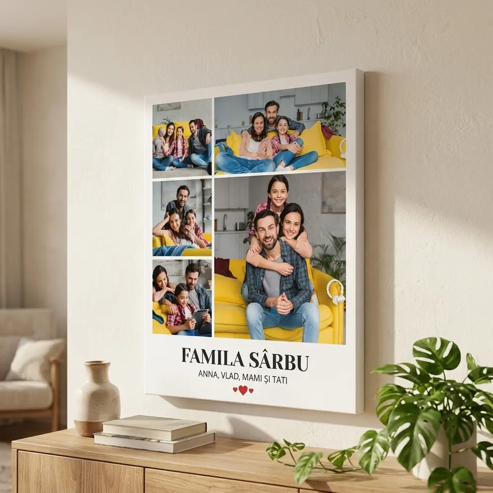 Tablou Personalizat Familia cu 5 poze și mesaj – tablou canvas în decor
