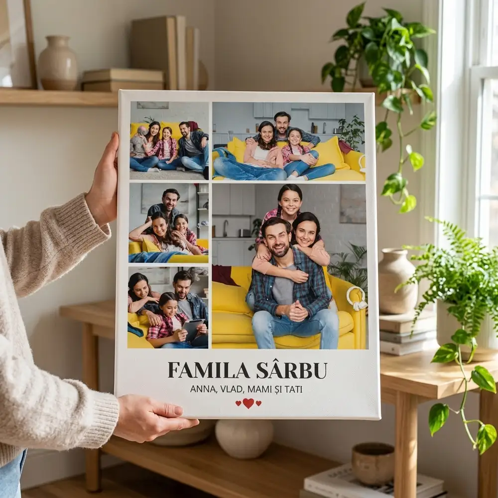 Tablou Personalizat Familia cu 5 poze și mesaj – tablou canvas în decor