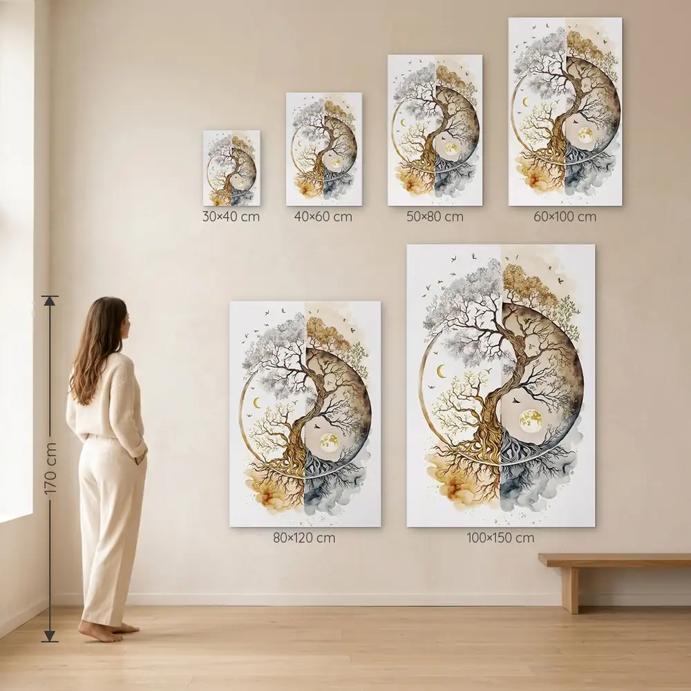 Tablou Tree of life Yin Yang – dimensiuni disponibile (30×40, 40×60, 50×80, 60×100, 80×120, 100×150 cm) pe perete, la scară reală lângă o persoană de 1,70 m