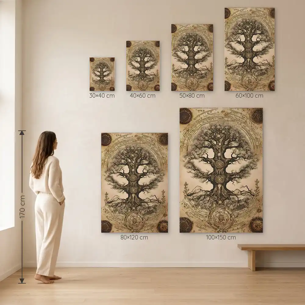 Tablou Viking Tree of life – dimensiuni disponibile (30×40, 40×60, 50×80, 60×100, 80×120, 100×150 cm) pe perete, la scară reală lângă o persoană de 1,70 m
