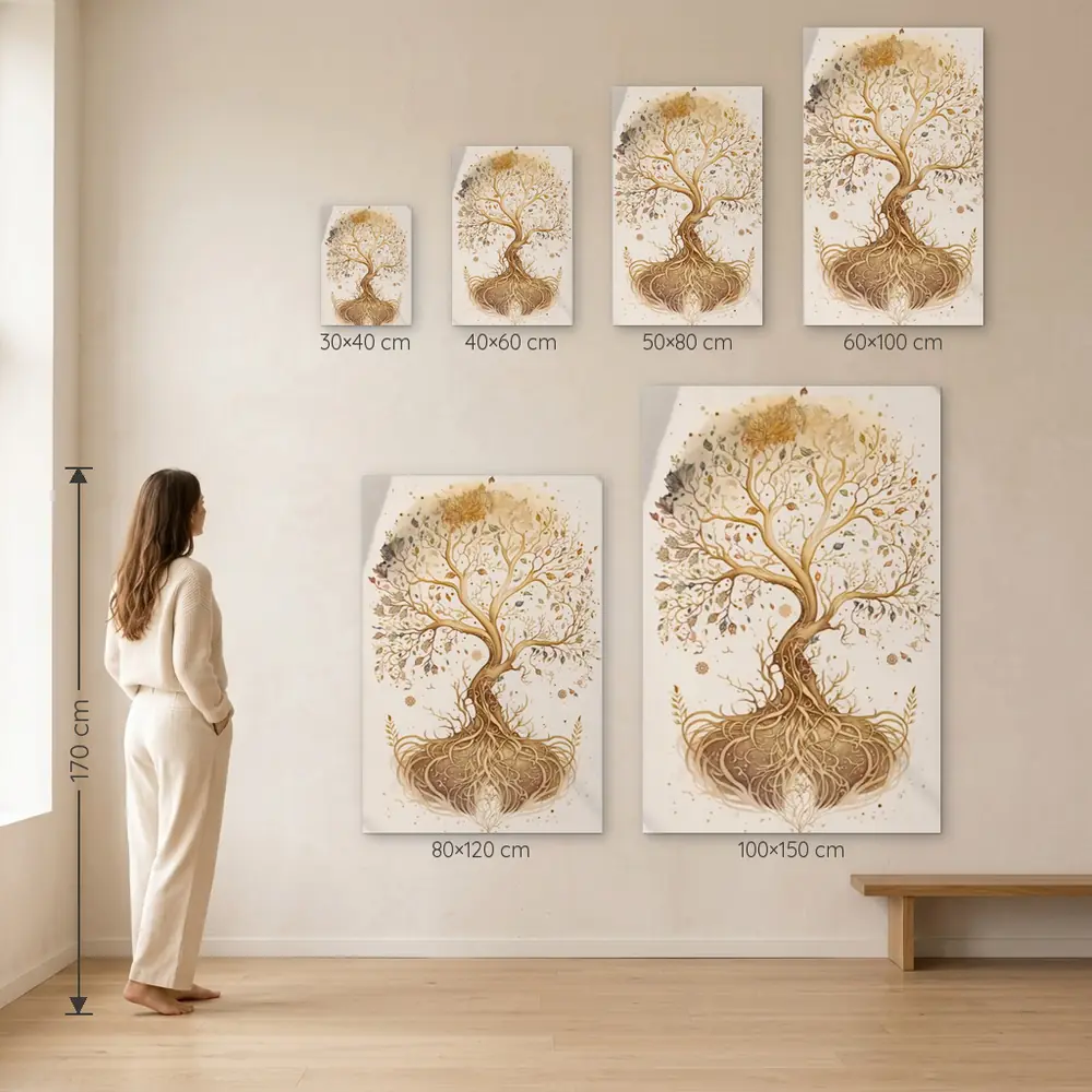 Tablou Yoga Tree of life – dimensiuni disponibile (30×40, 40×60, 50×80, 60×100, 80×120, 100×150 cm) pe perete, la scară reală lângă o persoană de 1,70 m